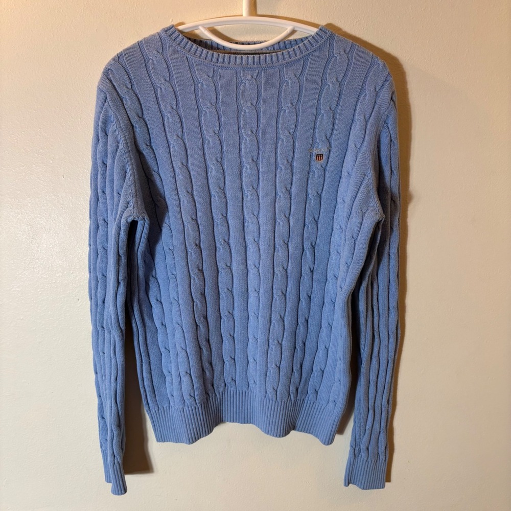 GANT Cable Knit Sweater‎ Blue Cotton Preppy Logo Crest Men's Size Small